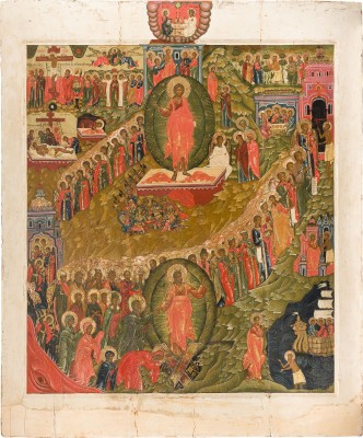 Auction 156<br>MONUMENTALE IKONE MIT DER HÖLLENFAHRT UND AUFERSTEHUNG CHRISTI AUS EINER KIRCHEN-IKONOSTASE