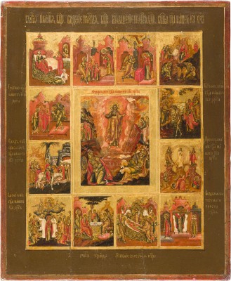 Picture FEINE IKONE MIT DER AUFERSTEHUNG CHRISTI MIT ZWÖLF HOCHFESTEN DES ORTHODOXEN KIRCHENJAHRES MIT VERMEIL-RIZA