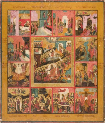 Bild GROSSFORMATIGE IKONE MIT DER HÖLLENFAHRT UND AUFERSTEHUNG MIT ZWÖLF HOCHFESTEN