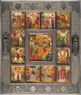 Auktion 156<br>GROSSFORMATIGE UND SEHR FEINE IKONE MIT DER HÖLLENFAHRT UND AUFERSTEHUNG MIT SILBER-BASMA