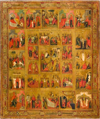 Bild GROSSFORMATIGE ERWEITERTE FESTTAGSIKONE MIT PASSIONSZYKLUS UND 16 HOCHFESTEN