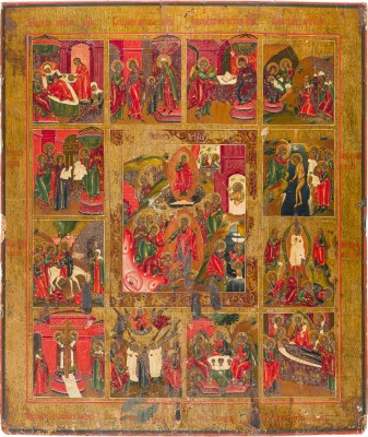Picture GROSSFORMATIGE IKONE MIT DER HÖLLENFAHRT UND AUFERSTEHUNG CHRISTI MIT ZWÖLF HOCHFESTEN DES ORTHODOXEN KIRCHENJAHRES