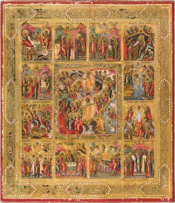 Picture SEHR FEINE IKONE MIT DER HÖLLENFAHRT UND AUFERSTEHUNG CHRISTI MIT ZWÖLF HOCHFESTEN DES ORTHODOXEN KIRCHENJAHRES