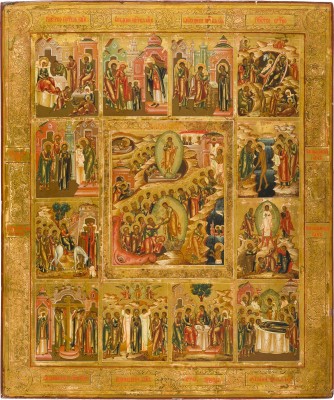Picture GROSSFORMATIGE UND FEINE IKONE MIT DER HÖLLENFAHRT UND AUFERSTEHUNG CHRISTI MIT ZWÖLF HOCHFESTEN DES ORTHODOXEN KIRCHENJAHRES