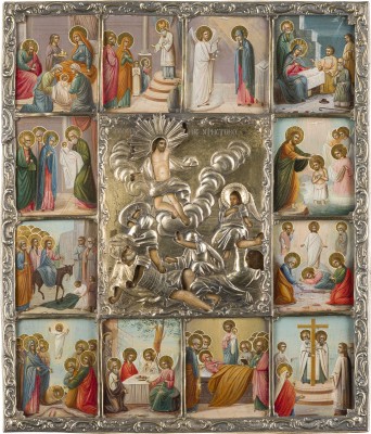Picture FEINE IKONE MIT DER AUFERSTEHUNG CHRISTI UND ZWÖLF HOCHFESTEN DES ORTHODOXEN KIRCHENJAHRES MIT VERMEIL-OKLAD