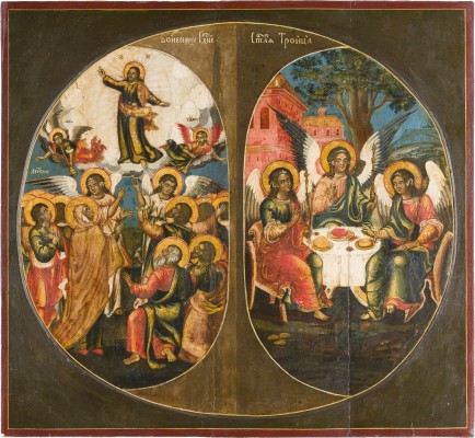 Bild GROSSFORMATIGE ZWEIFELDER-IKONE MIT DER HIMMELFAHRT UND DER ALTTESTAMENTLICHEN DREIFAKTIGKEIT