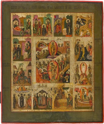 Bild GROSSFORMATIGE IKONE MIT DER AUFERSTEHUNG UND HÖLLENFAHRT SOWIE ZWÖLF HOCHFESTEN DES ORTHODOXEN KIRCHENJAHRES