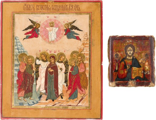 Auktion 156<br>ZWEI IKONEN: CHRISTUS PANTOKRATOR MIT HEILIGEN UND HIMMELFAHRT CHRISTI