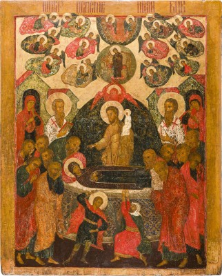 Auction 156<br>MONUMENTALE IKONE MIT DEM ENTSCHLAFEN DER GOTTESMUTTER (KOIMESIS)