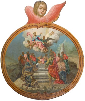 Auktion 156<br>MONUMENTALE IKONE MIT DER ASSUMPTIO DER GOTTESMUTTER UND EINEM CHERUB AUS EINER KIRCHEN-IKONOSTASE