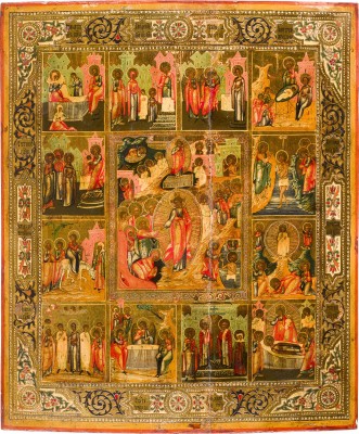 Bild GROSSFORMATIGE IKONE MIT DER HÖLLENFAHRT UND AUFERSTEHUNG MIT ZWÖLF HOCHFESTEN