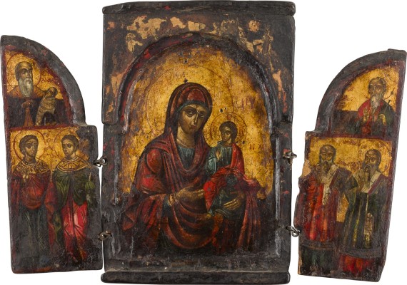 Auktion 156<br>TRIPTYCHON MIT DER GOTTESMUTTER HODEGETRIA UND AUSGEWÄHLTEN HEILIGEN