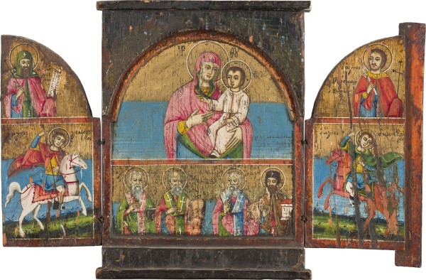 Auktion 156<br>DATIERTES TRIPTYCHON MIT DER GOTTESMUTTER UND AUSGEWÄHLTEN HEILIGEN