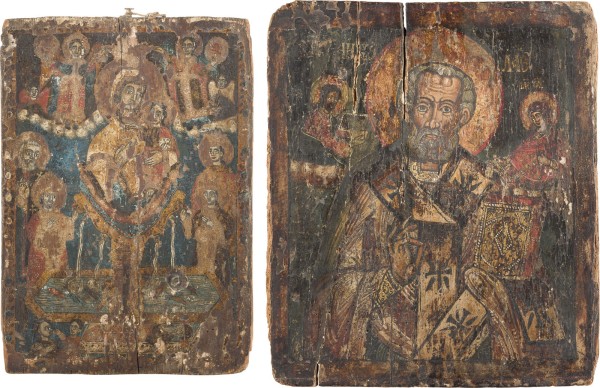 Auction 156<br>ZWEI GROSSE IKONEN MIT DER GOTTESMUTTER 'LEBENSSPENDENDER QUELL' UND HEILIGER NIKOLAUS VON MYRA