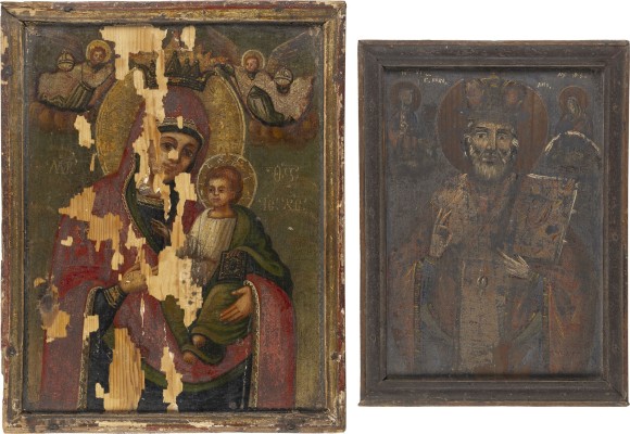 Auktion 156<br>ZWEI GROSSFORMATIGE IKONEN: GOTTESMUTTER HODEGETRIA UND HEILIGER NIKOLAUS VON MYRA