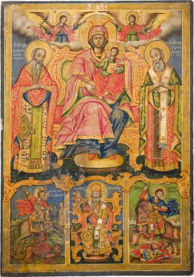 Bild GROSSE MEHRFELDER-IKONE MIT DER THRONENDEN GOTTESMUTTER UND AUSGEWÄHLTEN HEILIGEN