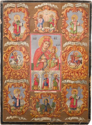 Bild GROSSE IKONE MIT DER GOTTESMUTTER 'NICHT VERWELKENDE BLUME' MIT DER NEUTESTAMENTLICHEN DREIFALTIGKEIT UND AUSGEWÄHLTEN HEILIGEN