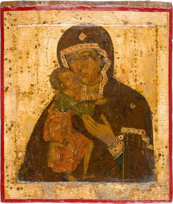 Auction 156<br>GROSSFORMATIGE, DOPPELSEITIGE PROZESSIONS-IKONE MIT DEM HEILIGEN NIKOLAUS VON MYRA UND DER GOTTESMUTTER FEODOROWSKAJA