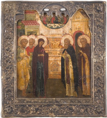 Picture IKONE MIT DEM ERSCHEINEN DER GOTTESMUTTER VOR DEM HEILIGEN SERGEJ VON RADONESCH MIT VERMEIL-BASMA
