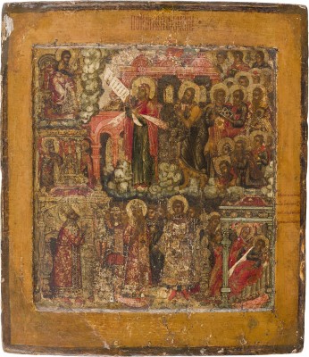 Auktion 156<br>FEINE IKONE MIT DEM SCHLEIERWUNDER DER GOTTESMUTTER (POKROW)