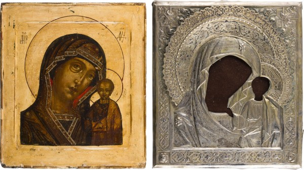 Auktion 156<br>SEHR FEINE IKONE MIT DER GOTTESMUTTER VON KASAN (KASANSKAJA) MIT VERMEIL-OKLAD