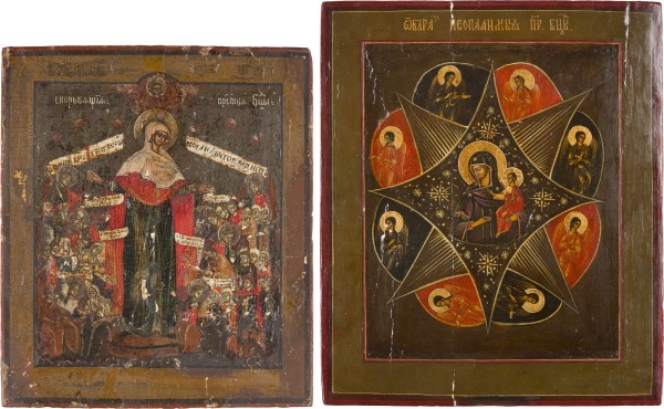 Auktion 156<br>ZWEI IKONEN: GOTTESMUTTER 'FREUDE ALLER LEIDENDEN' UND GOTTESMUTTER 'UNVERBRENNBARER DORNBUSCH'