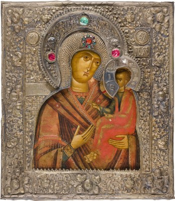 Picture SEHR FEINE UND GROSSE IKONE MIT DER GOTTESMUTTER 'HODEGETRIA-WYTROPUSKAJA' MIT SILBER-RIZA