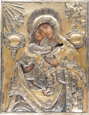Auction 156<br>GROSSFORMATIGE UND FEINE IKONE MIT DER GOTTESMUTTER VON WLADIMIR (WLADIMIRSKAJA) MIT VERMEIL-OKLAD