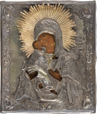 Auction 156<br>IKONE MIT DER GOTTESMUTTER VON WLADIMIR (WLADIMIRSKAJA) MIT OKLAD