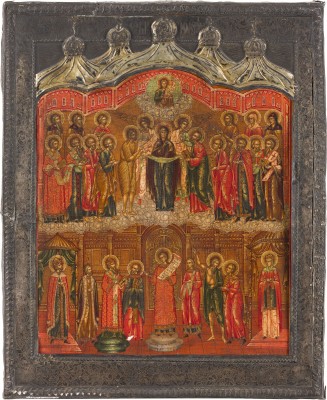 Bild GROSSE IKONE MIT DEM SCHLEIERWUNDER DER GOTTESMUTTER (POKROW) MIT SILBER-BASMA