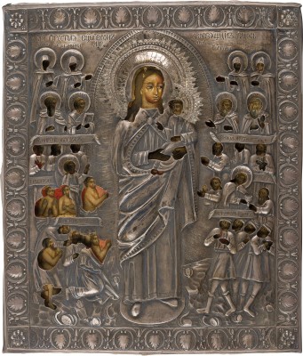 Auction 156<br>IKONE MIT DER GOTTESMUTTER 'FREUDE ALLER LEIDENDEN' MIT SILBER-OKLAD