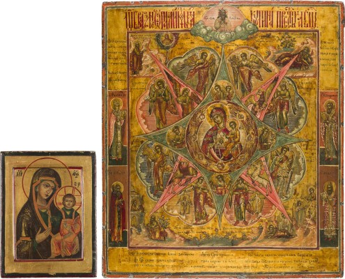 Auktion 156<br>ZWEI IKONEN: IKONE MIT DER GOTTESMUTTER 'UNVERBRENNBARER DORNBUSCH' UND KLEINE IKONE