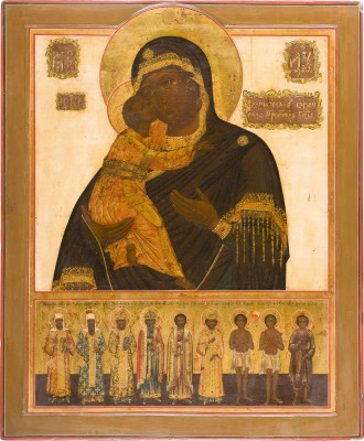 Bild GROSSFORMATIGE UND FEINE IKONE MIT DER GOTTESMUTTER VON WLADIMIR (WLADIMIRSKAJA) MIT AUSGEWÄHLTEN HEILIGEN