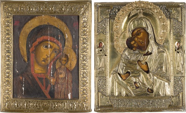 Auktion 156<br>ZWEI IKONEN: GOTTESMUTTER VON WLADIMIR (WLADIMIRSKAJA) UND GOTTESMUTTER VON KASAN (KASANSKAJA)