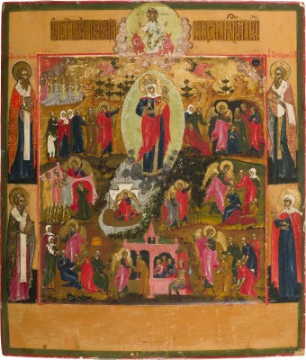 Auction 156<br>SEHR FEINE IKONE MIT DER GOTTESMUTTER 'FREUDE ALLER LEIDENDEN'