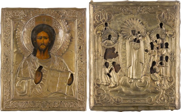 Auktion 156<br>ZWEI IKONEN MIT OKLAD: CHRISTUS PANTOKRATOR UND GOTTESMUTTER 'FREUDE ALLER LEIDENDEN'