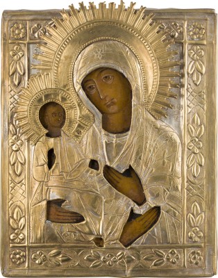 Bild IKONE MIT DER DREIHÄNDIGEN GOTTESMUTTER (TRICHEIROUSA) MIT OKLAD