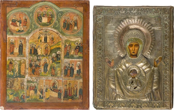 Auction 156<br>ZWEI IKONEN: FESTTAGSIKONE UND GOTTESMUTTER DES ZEICHENS (ZNAMENIE) MIT OKLAD