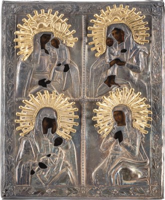 Auction 156<br>KLEINE DATIERTE VIERFELDER-IKONE MIT GNADENBILDERN DER GOTTESMUTTER MIT OKLAD