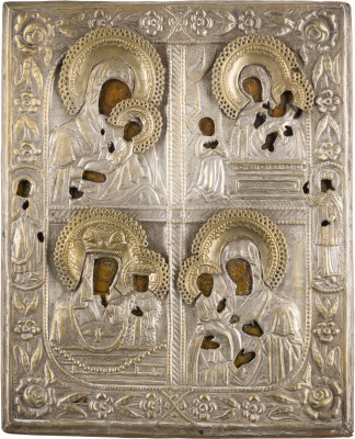 Bild VIERFELDER-IKONE MIT OKLAD MIT GNADENBILDERN DER GOTTESMUTTER