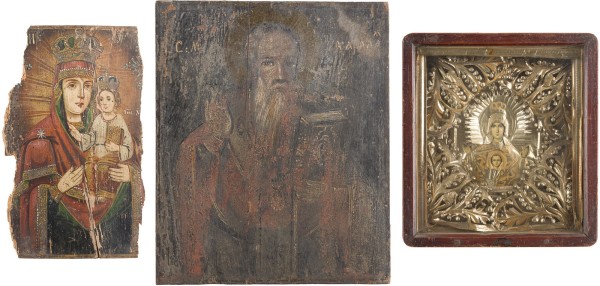 Auktion 156<br>DREI IKONEN: GANDENBILDER DER GOTTESMUTTER UND HEILIGER CHARALAMPOS