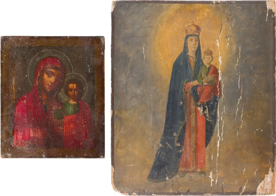 Auktion 156<br>ZWEI GROSSFORMATIGE IKONEN MIT DER GOTTESMUTTER VON KASAN (KASANSKAJA) UND 'FREUDE ALLER LEIDENDEN'