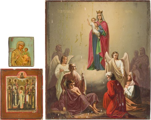 Auction 156<br>DREI IKONEN: GOTTESMUTTER 'WILENSKAJA', PATRONATSIKONE MIT DEM SCHUTZENGEL UND HEILIGEN UND DIE GOTTESMUTTER 'FREUDE ALLER LEIDENDEN'
