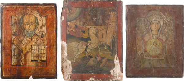 Auktion 156<br>DREI IKONEN: GOTTESMUTTER DES ZEICHENS (ZNAMENIE) UND DIE HEILIGEN NIKOLAUS VON MYRA UND GEORG DEM DRACHENTÖTER