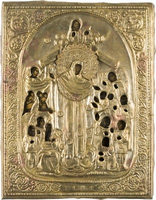 Bild KLEINE IKONE MIT DER GOTTESMUTTER 'FREUDE ALLER LEIDENDEN' MIT DEN MÜNZEN MIT OKLAD