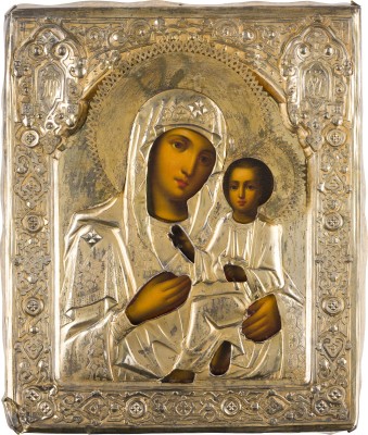 Auktion 156<br>IKONE MIT DER GOTTESMUTTER VON TICHWIN (TICHWINSKAJA) MIT VERMEIL-OKLAD