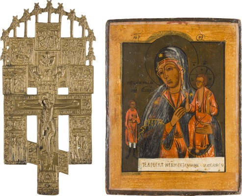 Auktion 156<br>IKONE MIT DER GOTTESMUTTER 'UNERWARTETE FREUDE' UND HAUSKREUZ
