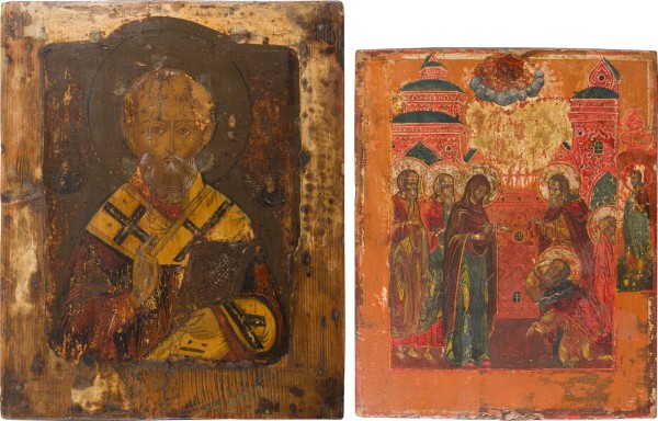 Auktion 156<br>ZWEI IKONEN: ERSCHEINEN DER GOTTESMUTTER VOR DEM HEILIGEN SERGEJ UND HEILIGER NIKOLAUS VON MYRA