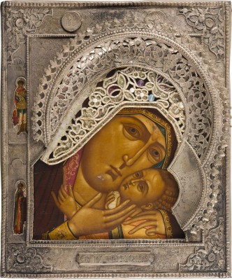 Bild SEHR FEINE IKONE MIT DER GOTTESMUTTER 'KORSUNKSKAJA' MIT PERL-RIZA