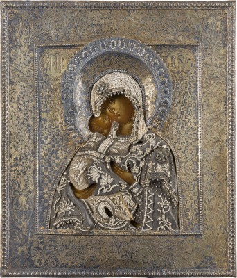 Auction 156<br>SEHR FEINE IKONE MIT DER GOTTESMUTTER 'WOLOKOLAMSKAJA' MIT PERL-VERMEIL-OKLAD